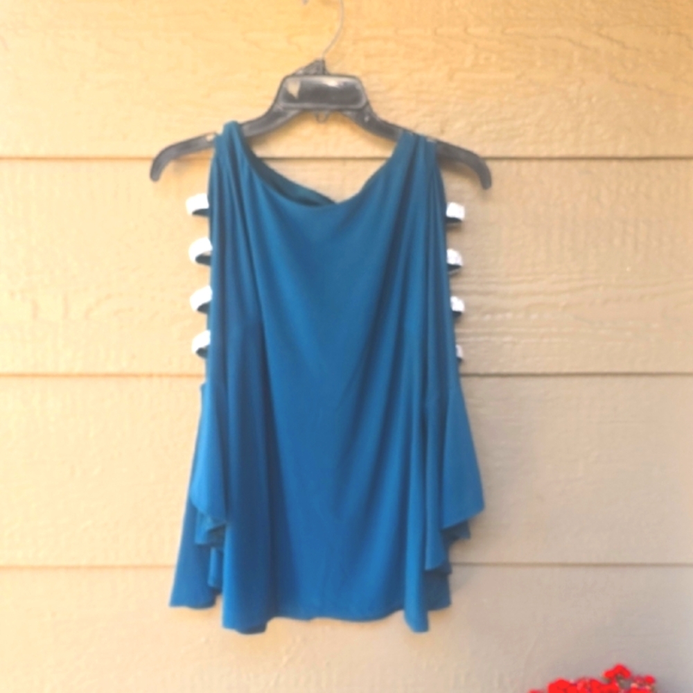 msk rhinestone Ladder Bell Sleeve Top Teal Green Medium M